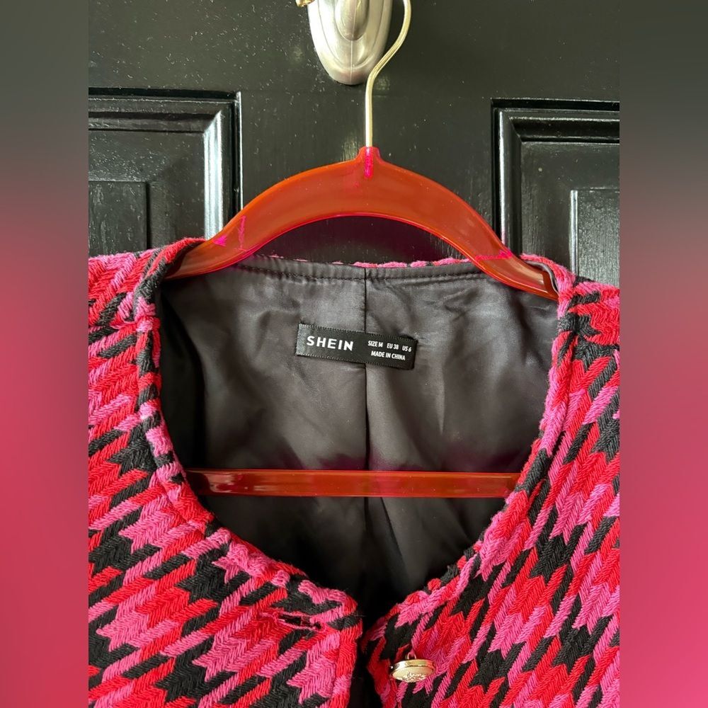 SHEIN Pink Black Houndstooth Blazer Lady Jacket Size S/M - Picture 3 of 16